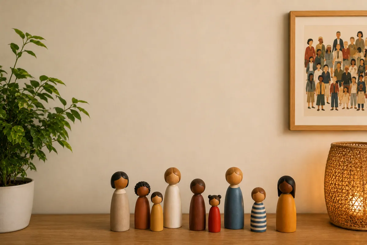 Neuf figurines en bois aux carnations et aux tenues variées, alignées sur une console, devant une affiche encadrée représentant une foule de personnes.